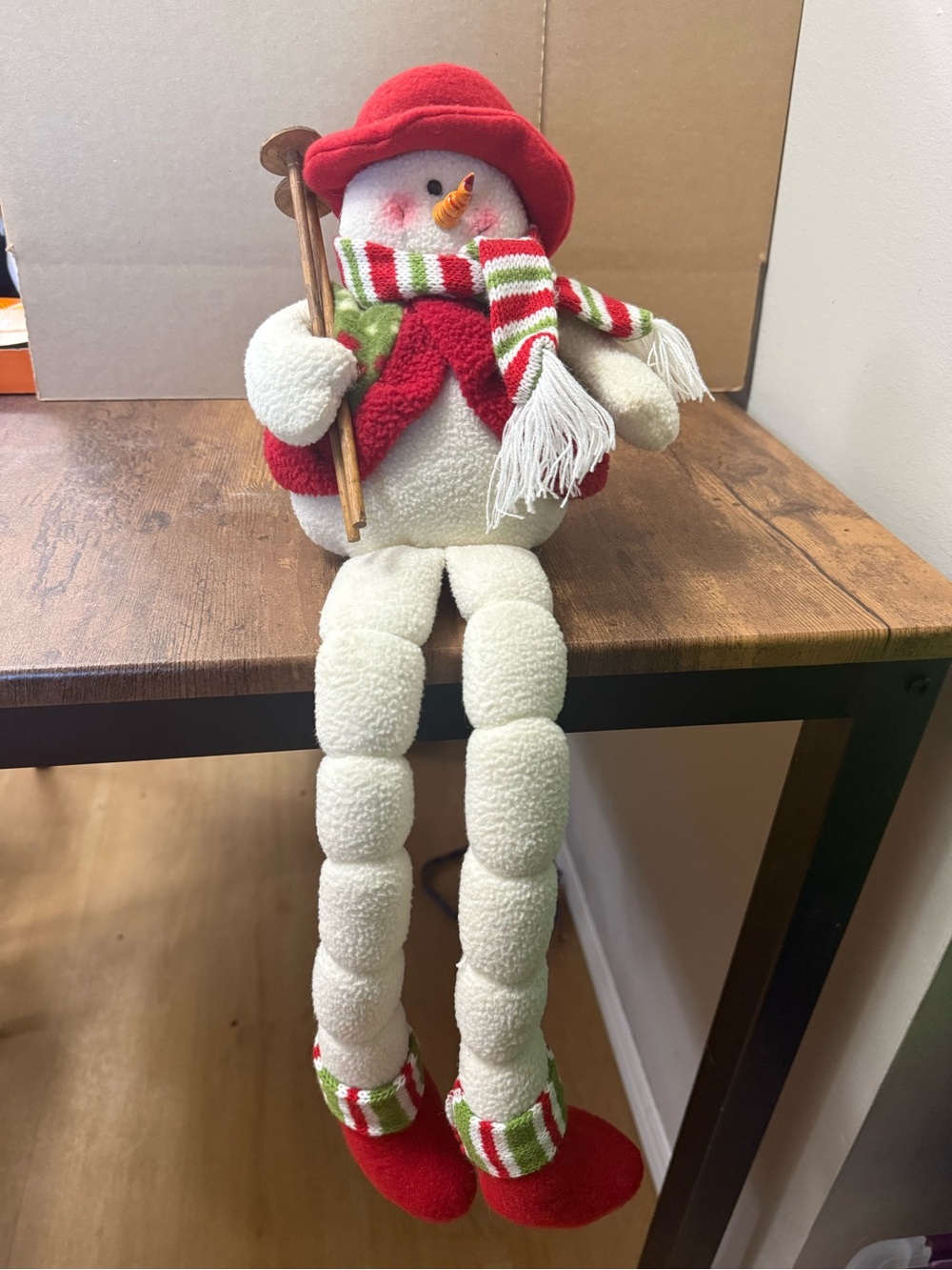 🔥2 for $10🔥 Vintage Plush Cream Mantle Snowman w Red Hat & Scarf - Christmas
